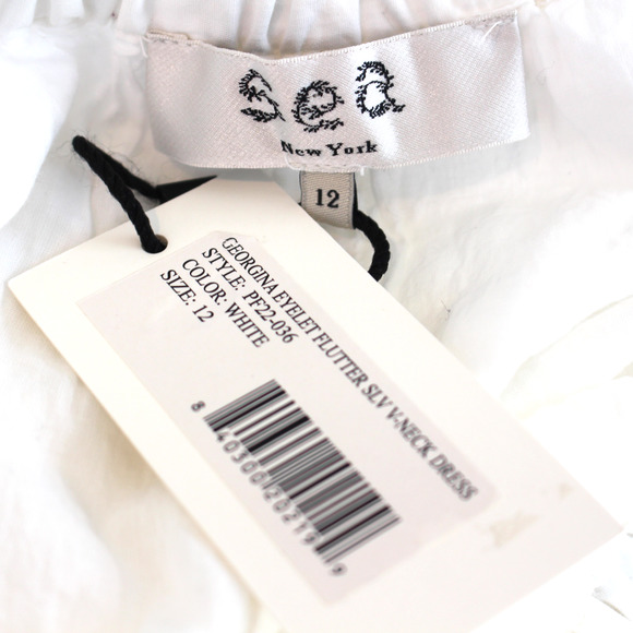 Sea Georgina White Eyelet Flutter Sleeve Cotton Dress 12 NEW V-Neckline Midi L - Picture 7 of 9